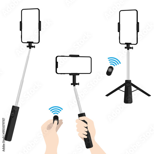自撮り棒にスマートフォンを設置して写真や動画を撮るセット