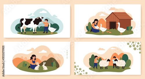 Collection of four scenes showing children caring for farm animals like cows, geese, rabbits, and fluffy sheep.
