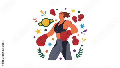 Female boxer illustration with colorful confetti and championship belt