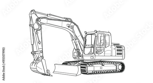 Excavator line drawing: construction vehicle blueprint, heavy machinery outline