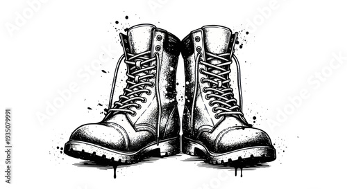 Grunge Combat Boots Illustration with Ink Splatter