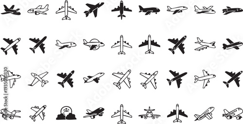 Black and white airplanes in various positions and styles silhouettes aviation transportation