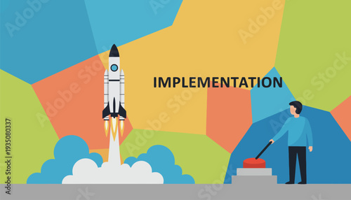 Implementation vector illustration of rocket launching with man