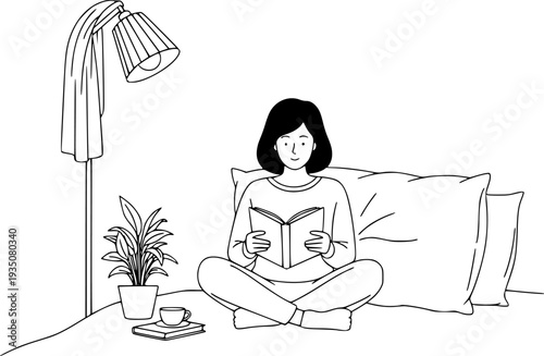 Minimalist Line Drawing of Woman Reading in Cozy Relaxed Setting
