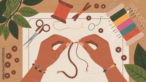 Hands crafting colorful beaded jewelry on a wooden worktable with threads and tools
