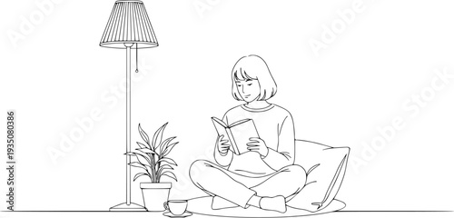 Minimalist Line Drawing of Woman Reading in Cozy Relaxed Setting
