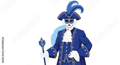 Man in a luxurious blue Venetian carnival costume wears a mask and holds an ornate scepter against a white background.