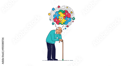 Elderly man leaning on walking stick with confused expression as colorful puzzle pieces swirl around his head representing memory loss or dementia.