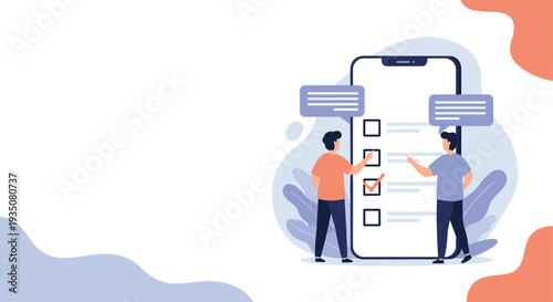 Young men standing next to giant smartphone screen and interacting with digital checklist or survey by marking checkboxes on blue background.