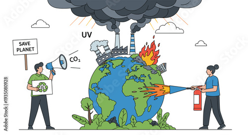 Illustration of people fighting global warming on earth with fire extinguisher and megaphone while factories emit smoke under dark uv clouds.