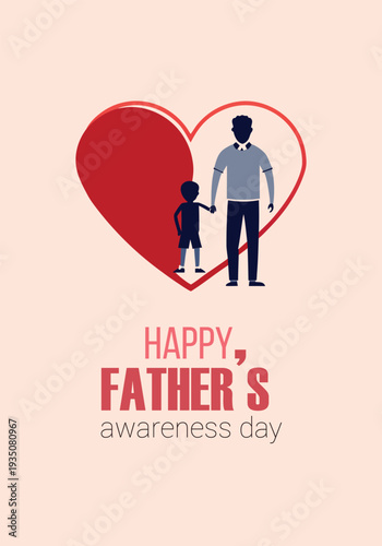 A heartwarming illustration celebrating father's awareness day, depicting a father and child holding hands within a large red heart, set against a soft peach background.