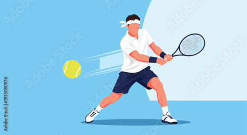 Athletic male tennis player in white shirt and navy shorts hitting ball with racket in dynamic action pose against light blue background.