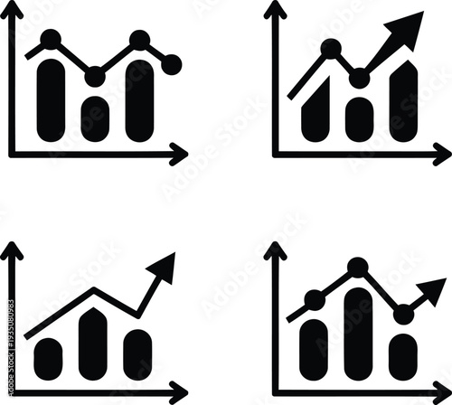 Four distinct graphical trends showing upward movement with varying bar and line styles