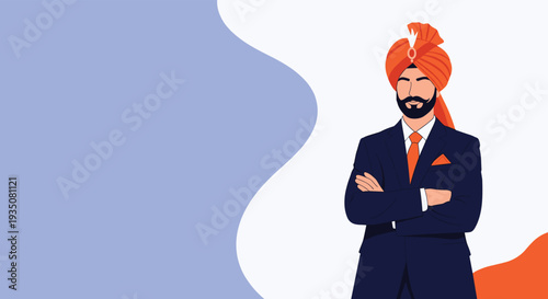 Confident Indian businessman wearing traditional orange turban and formal blue suit standing with arms crossed against blue wavy background.