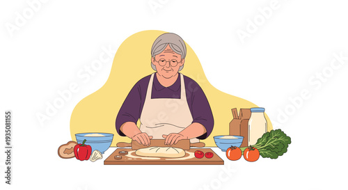 Elderly grandmother wearing glasses and apron rolling dough on wooden board surrounded by fresh vegetables and baking ingredients in kitchen.