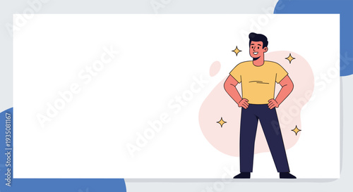 Happy young man in yellow t-shirt and dark trousers standing in confident pose with hands on hips against white and blue abstract background.