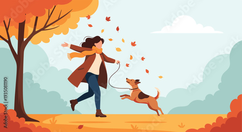 Happy young woman wearing brown coat and orange scarf running and playing with her dog in park with colorful falling autumn leaves.