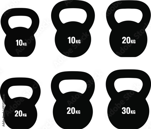 Set of black kettlebells in various weight capacities for fitness training