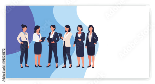 Group of seven professional diverse businesswomen wearing formal office attire and holding folders standing together against abstract background.