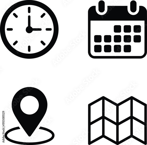 Four essential icons representing time, location, calendar, and building structure.