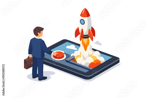 Businessman launching rocket from smartphone screen with briefcase.