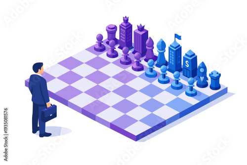 Businessman contemplating a strategic chess game with city buildings as pieces.