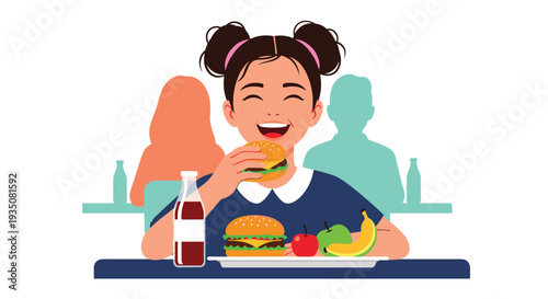 Happy young girl with pigtails sitting at table and enjoying eating a hamburger while a tray of healthy fruits and other food is in front.