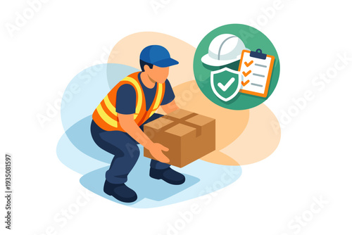 Construction worker carrying a package with safety checklist icon.