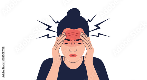 Woman experiences intense physical pain and stress as she holds her head due to a severe migraine or headache attack.
