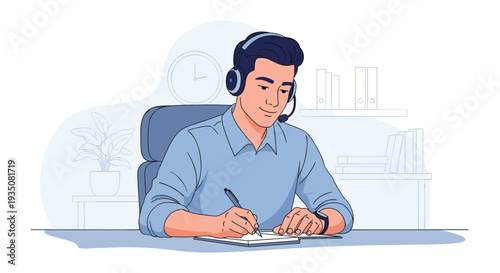 Professional customer service agent wearing a headset takes notes while assisting a client from his office desk.