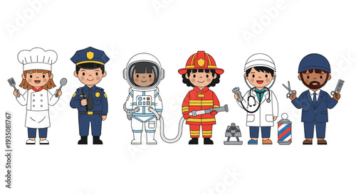 Adorable set of diverse cartoon children dressed up in various professional costumes for career day celebrations.