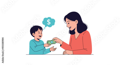 Caring mother gives her young son pocket money as the child thinks about his financial goals and savings.