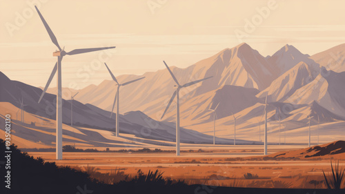 Wind turbines in a vast desert landscape with mountains at sunset renewable energy concept