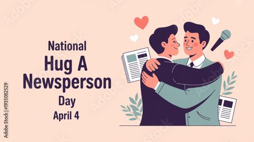 Two men hugging on national hug a newsperson day with newspapers and hearts