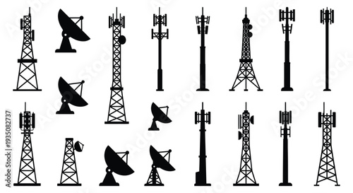 A collection of various communication towers and satellite dishes depicted in a stark black silhouette high quality professional detailed modern elegant