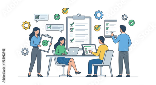 Team collaboration and project management visualized with checklists devices and people depicted in a flat style silhouette high quality professional detailed