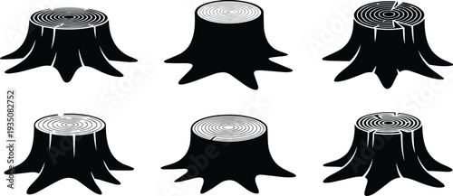 Set of Minimalist black tree stump with growth rings silhouette vector icon