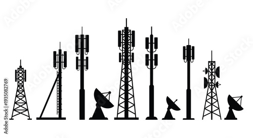 A stark black silhouette depicts a diverse collection of communication towers and antennas against a white backdrop silhouette high quality professional