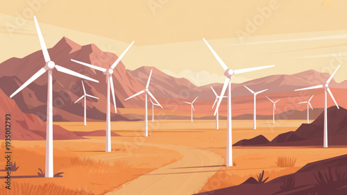 Wind turbines in a desert landscape with mountains at sunset renewable energy concept