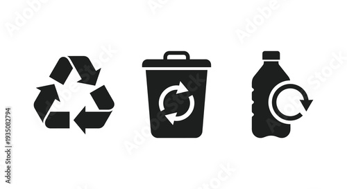Black icons representing recycling waste disposal and plastic bottles in a simple graphic silhouette high quality professional detailed modern elegant stylish