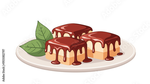Delicious dessert consisting of three square cakes topped with dripping chocolate sauce and garnished with green mint leaves on a white plate.