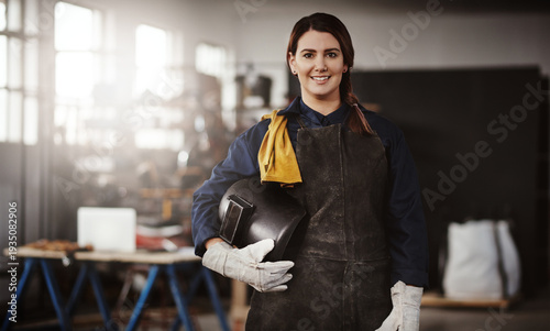 Obraz na plátně Design, portrait and smile of welder woman in office for manufacturing or production industry