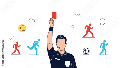 Professional soccer referee in a dark uniform showing a red card during a match with stylized sports figures and icons in the background.