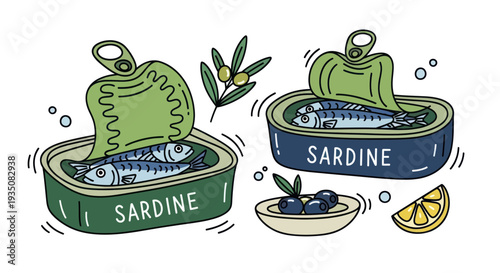 Canned Sardines with Olives and Lemon Slice - Hand Drawn Illustration