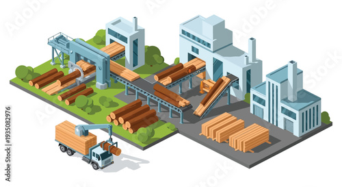 Isometric illustration depicts a lumber mill facility with stacked logs and industrial machinery presenting a striking silhouette high quality professional detailed