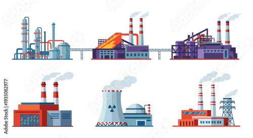 An industrial complex with smokestacks and processing facilities is depicted in a flat graphic silhouette high quality professional detailed modern elegant