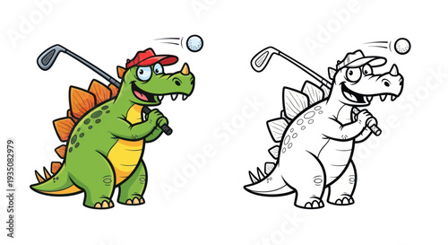 Happy Dinosaur Playing Golf, Cartoon Character
