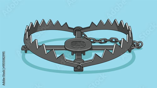 Heavy duty metal bear trap with sharp teeth and a chain lying open on a light blue background, ready for use in hunting or protection.