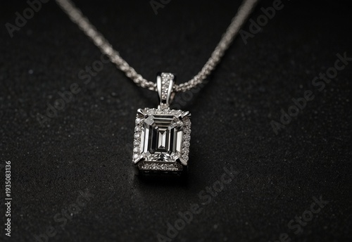 Emerald cut diamond pendant necklace with sleek white gold chain on black background