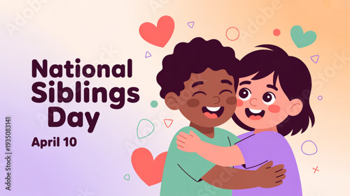 Diverse siblings hugging on national siblings day april 10 celebrating family bond with hearts